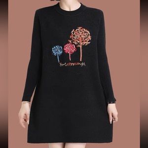 Embroidered Flowers   sweater Dress Women - Black